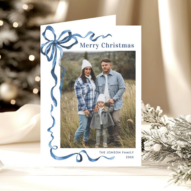 5 Photo Funky Dusty Blue Christmas Bow Ribbon Holiday Card (Creator Uploaded)