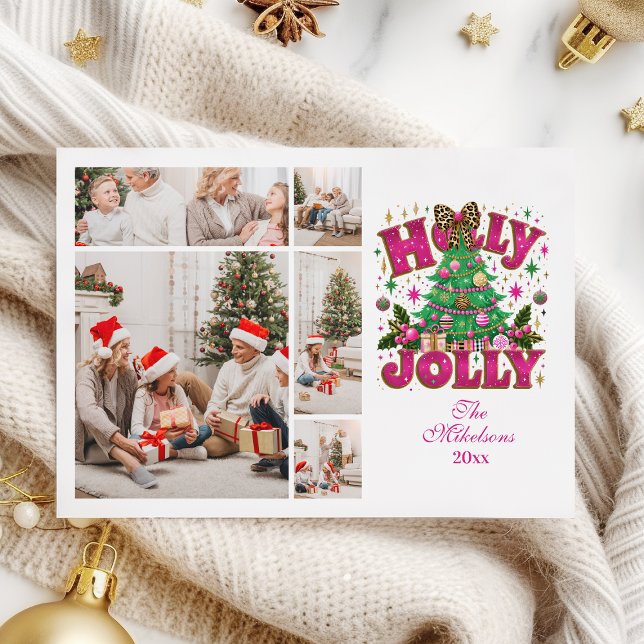  5 Photo Glitter Leopard Bow Holly Jolly Holiday Card (Creator Uploaded)