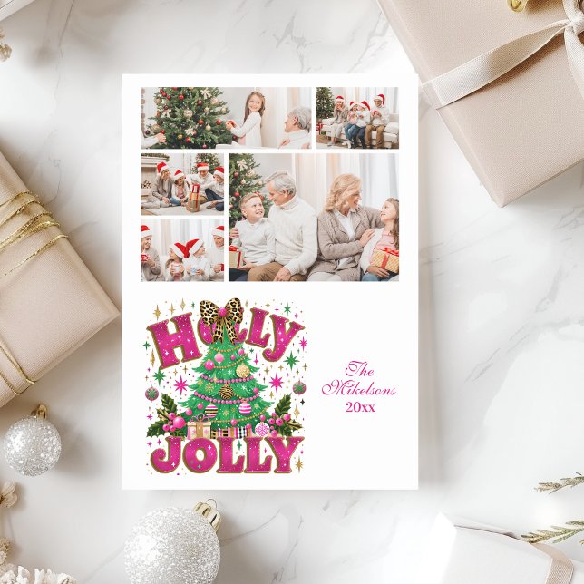 5 Photo Glitter Leopard Bow Holly Jolly Holiday Card (Creator Uploaded)