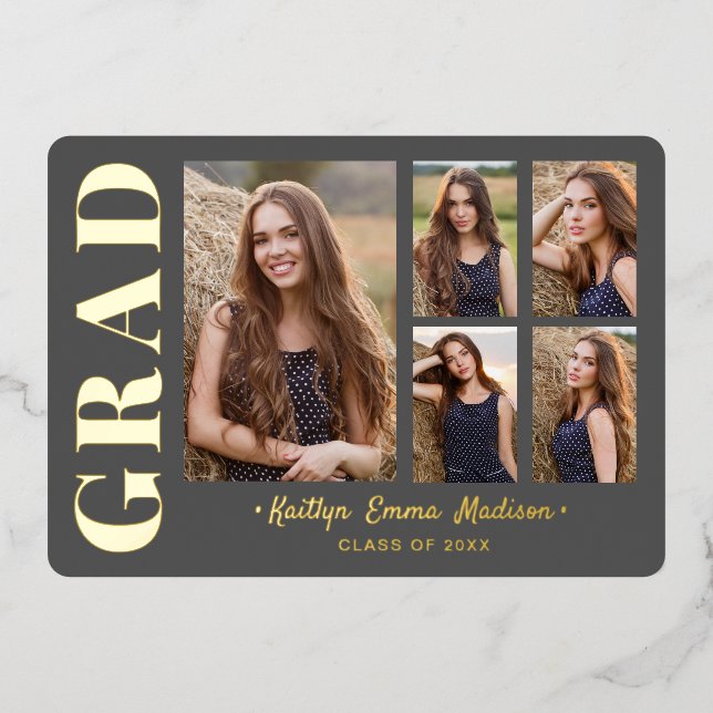 5 Photo Grad Collage Gray & Gold Foil Card (Front)