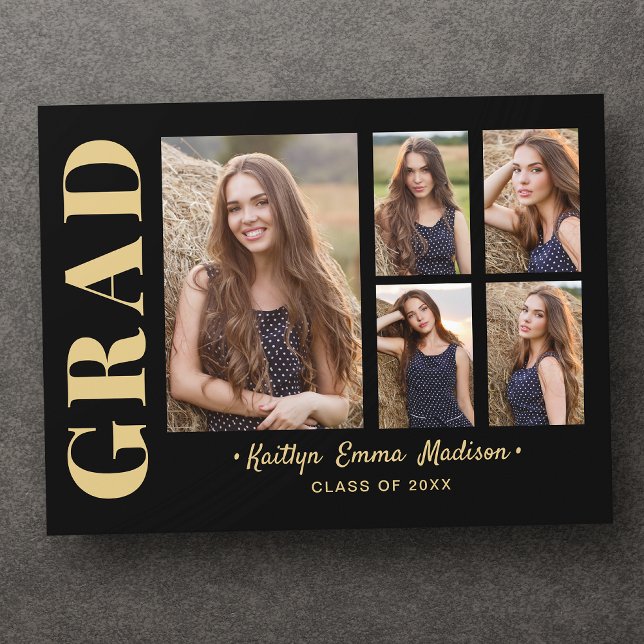 5 Photo Grad Collage Modern Script Black and Gold Postcard (Creator Uploaded)