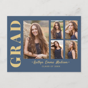 5 Photo Grad Collage Modern Script Blue and Gold Postcard