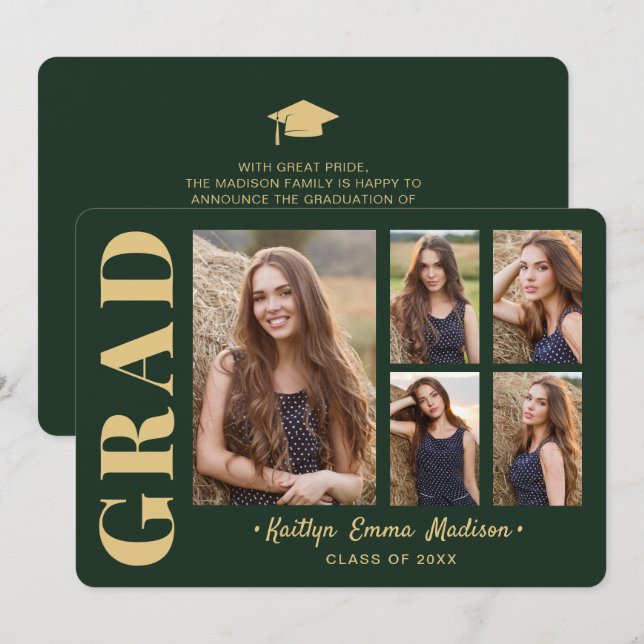 5 Photo Grad Collage Modern Script Green and Gold Announcement (Front/Back)