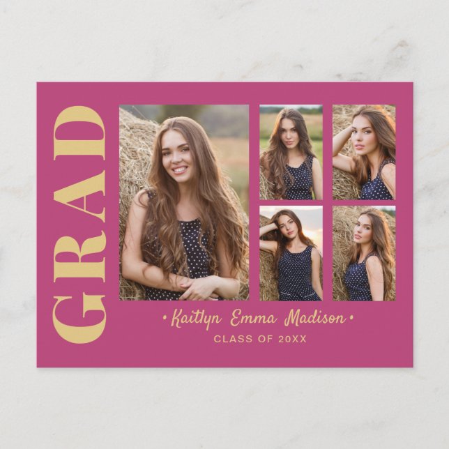 5 Photo Grad Collage Modern Script Pink and Gold Postcard (Front)