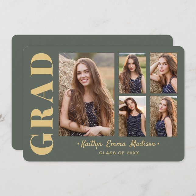 5 Photo Grad Collage Modern Script Sage and Gold Announcement (Front/Back)