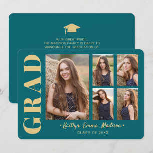 5 Photo Grad Collage Modern Script Teal and Gold Announcement