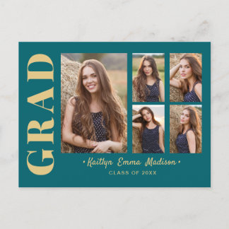 5 Photo Grad Collage Modern Script Teal and Gold Postcard
