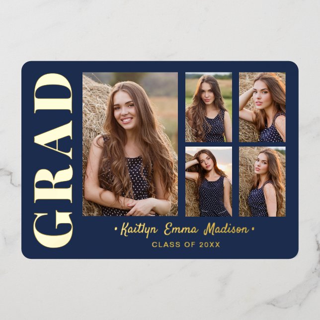 5 Photo Grad Collage Navy Blue & Gold Foil Card (Front)