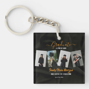 5 Photo Graduation Collage Black, Gold and white Keychain
