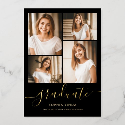 5 Photo Graduation Collage Elegant Black  Gold Foil Invitation