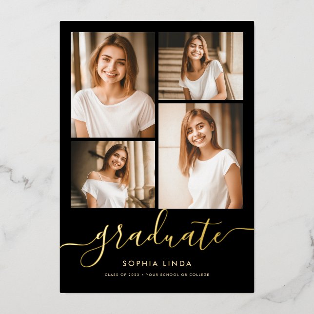 5 Photo Graduation Collage Elegant Black & Gold Foil Invitation (Front)