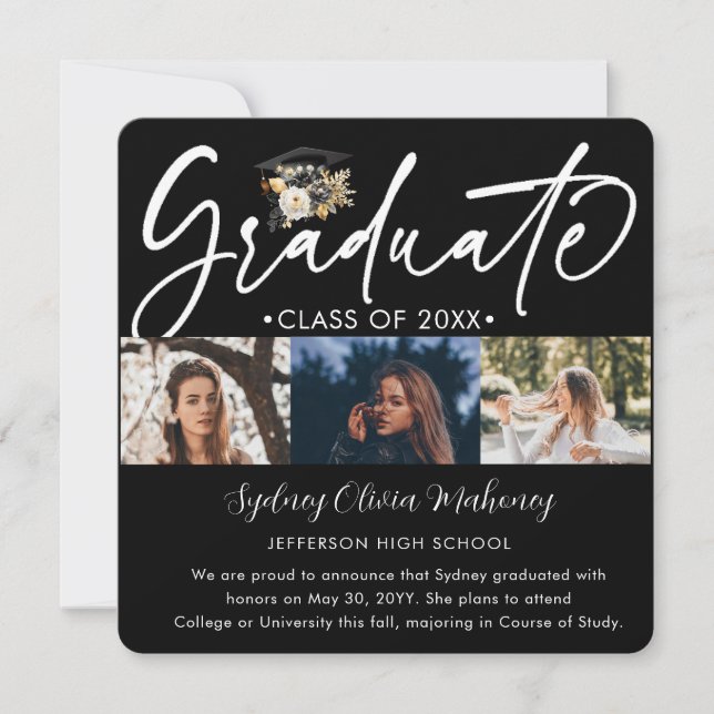 5 Photo Graduation Collage Modern Black White Gold Announcement (Front)