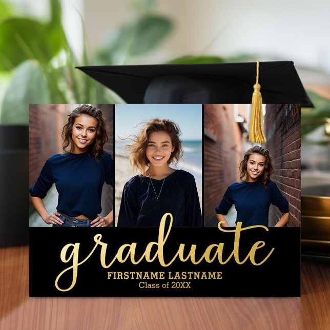 5 Photo Graduation Party Modern Script Gold Foil Invitation (Graduation announcement and invitation with multiple photos)