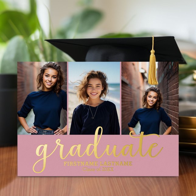 5 Photo Graduation Party Modern Script Gold Foil Invitation (Graduation announcement and invitation with multiple photos)