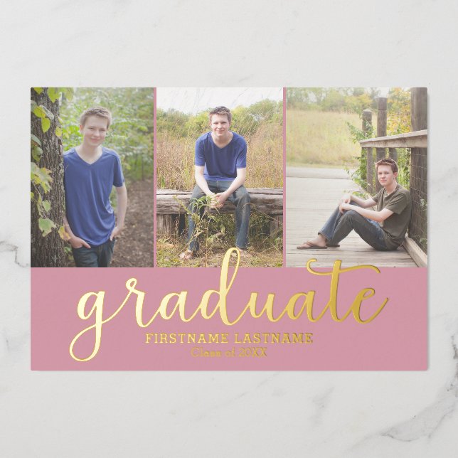 5 Photo Graduation Party Modern Script Gold Foil Invitation (Front)