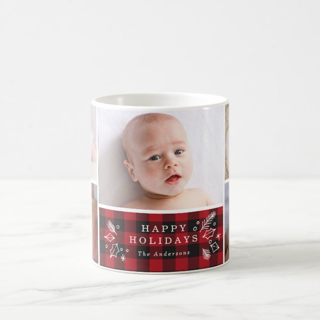 5 Photo Happy Holidays Buffalo Plaid Personalized Coffee Mug (Center)