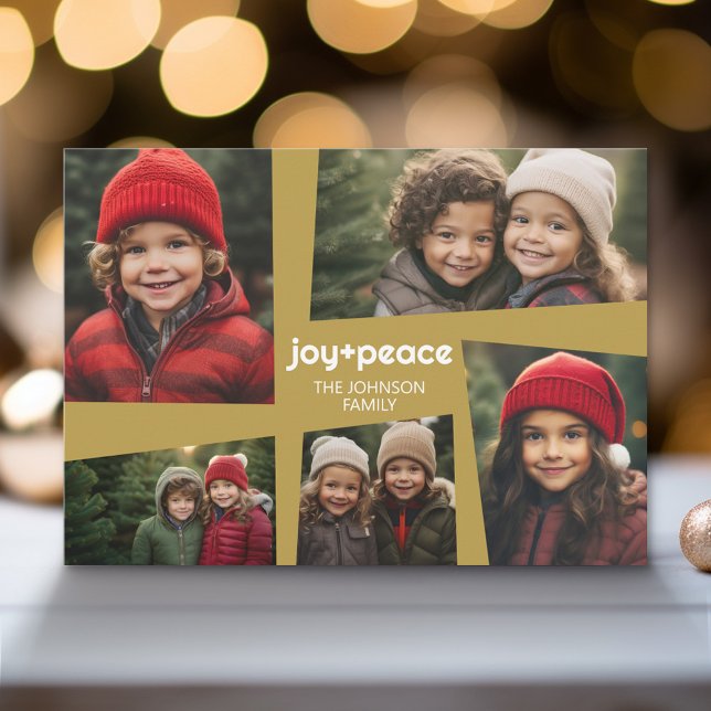 5 Photo Holiday Collage Retro Joy and Peace - Gold (Modern Holiday Greeting Card with a Family Photo)