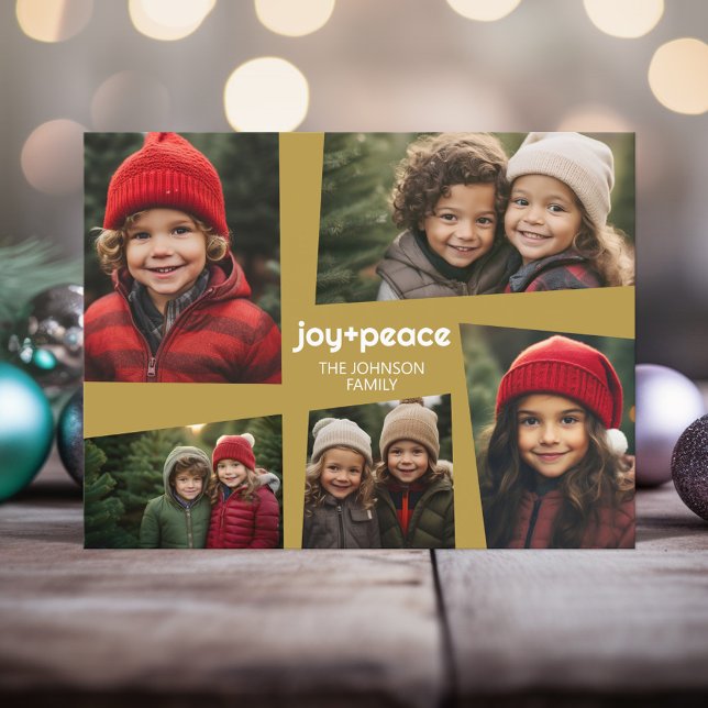5 Photo Holiday Collage Retro Joy and Peace - Gold (5 Photo Retro Photo Design Holiday Card)