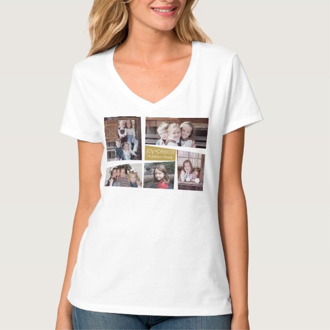 5 Photo Holiday Collage Retro Joy and Peace - Gold T-Shirt (Front)