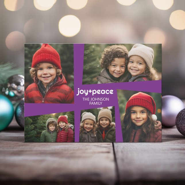5 Photo Holiday Collage Retro Joy and Peace Purple Card (5 Photo Retro Photo Design Holiday Card)