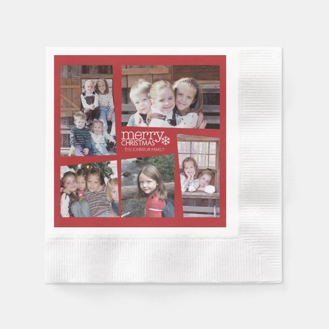 5 Photo Holiday Collage Retro Merry Christmas Paper Napkins (Front)