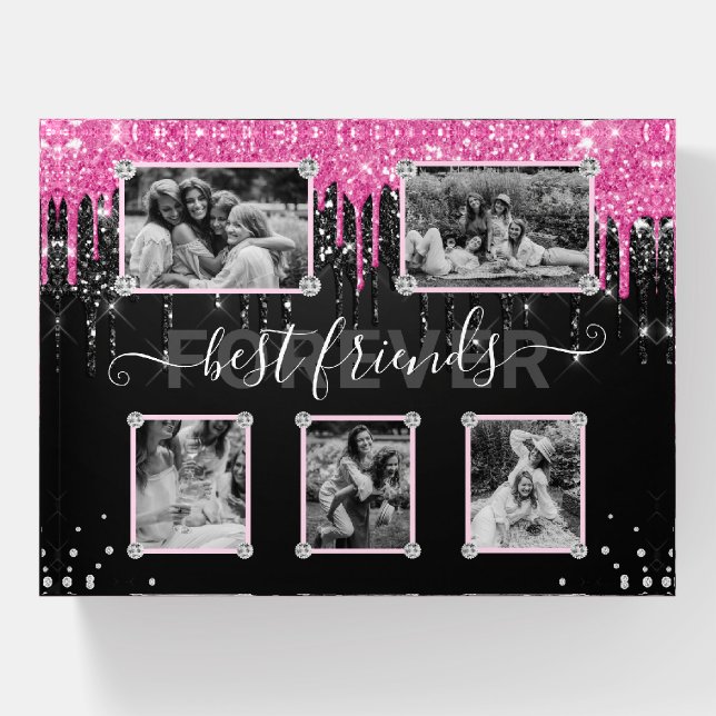 5 Photo Hot Pink & Black Glitter Best Friends Paperweight (Front)