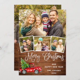 5 Photo Merry Christmas Red Farm Truck Holiday Card
