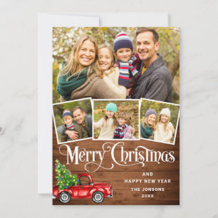 5 Photo Merry Christmas Red Farm Truck Holiday Card