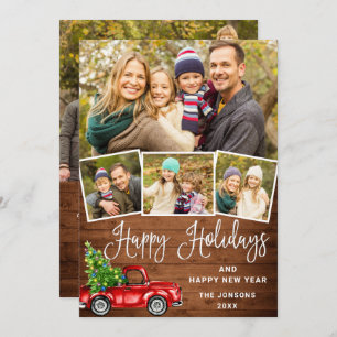 5 Photo Merry Christmas Red Farm Truck Holiday Card