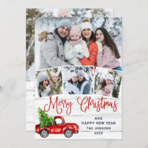 5 Photo Merry Christmas Red Farm Truck Holiday Card