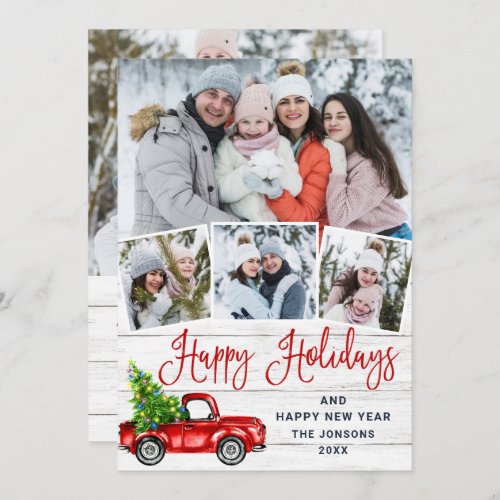 5 Photo Merry Christmas Red Farm Truck Holiday Card