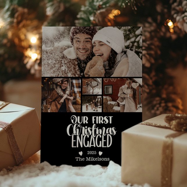 5 Photo Minimalist First Christmas Engaged Holiday Card (Creator Uploaded)