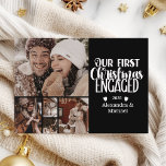 5 Photo Minimalist First Christmas Engaged Holiday Card<br><div class="desc">Capture the magic of your engagement with this modern and cozy holiday card. Featuring a bold white script on classic black, paired with your favorite winter photo, this design celebrates your first Christmas as an engaged couple in timeless style. Personalize with your names and the year for a heartfelt seasonal...</div>