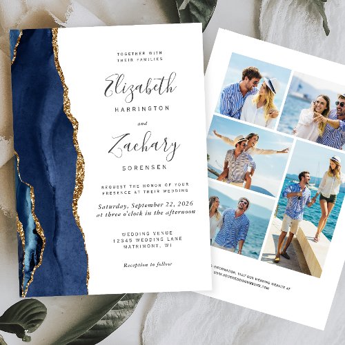 5_Photo Navy Blue Gold Agate Wedding Invitation