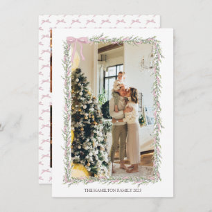 5 Photo Pink Bow Green Garland Christmas Photo Holiday Card