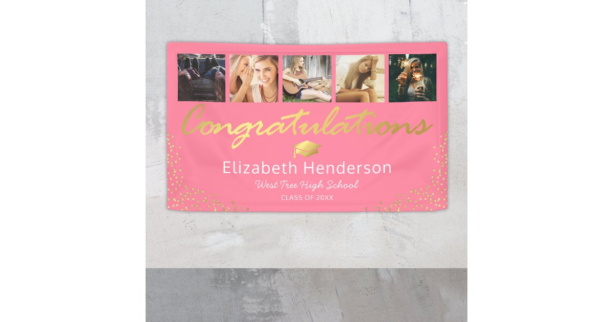 5 Photo Pink Gold Graduation Party Banner | Zazzle