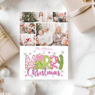 5 Photo Pink Green Bow Tree Merry Christmas Holiday Card