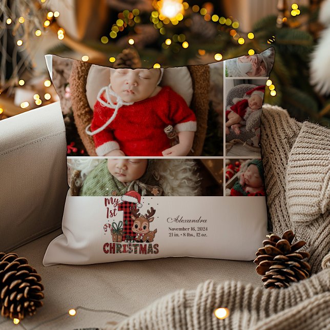 5 Photo Plaid Reindeer First Christmas Throw Pillow (Creator Uploaded)
