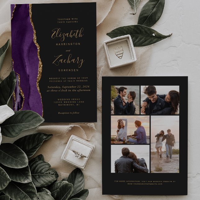 5-Photo Purple Gold Agate Dark Wedding Invitation (Creator Uploaded)