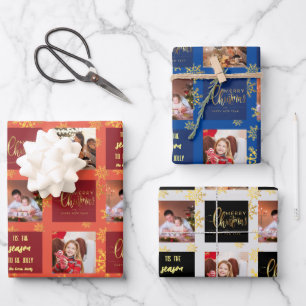 5 Photo Red Blue Black Merry Christmas. Wrapping Paper Sheets