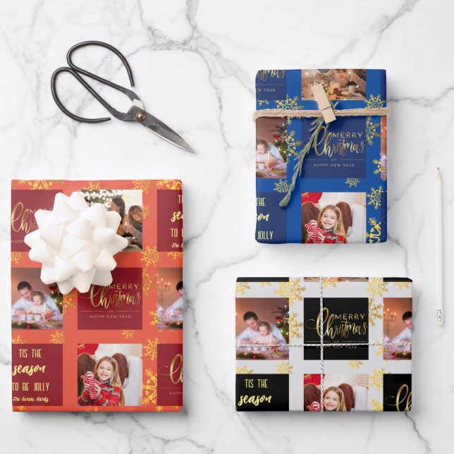 5 Photo Red Blue Black Merry Christmas. Wrapping Paper Sheets (Front)