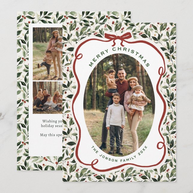 5 Photo Retro Christmas Hand Drawn Red Bow Ribbon Holiday Card (Front/Back)