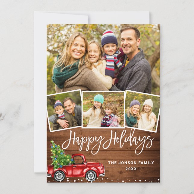 5 PHOTO Retro Christmas Red Truck Rustic Greeting Holiday Card (Front)