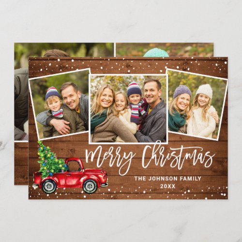 5 PHOTO Retro Christmas Red Truck Rustic Greeting Holiday Card