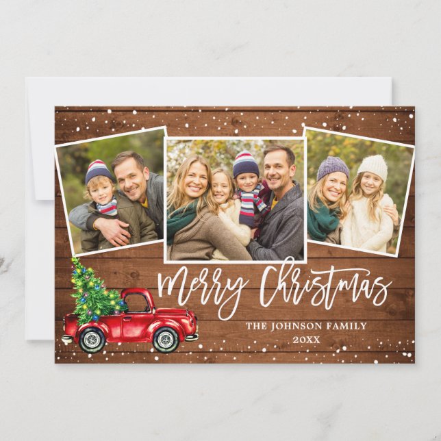 5 PHOTO Retro Christmas Red Truck Rustic Greeting Holiday Card (Front)