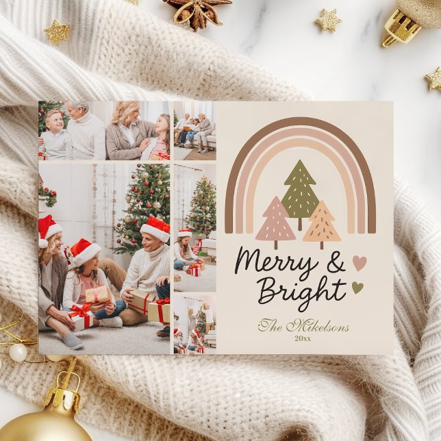  5 Photo Retro Neutral Rainbow Merry & Bright  Holiday Card (Creator Uploaded)