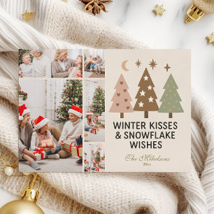 5 Photo Retro Winter Kisses & Snowflake Wishes Holiday Card