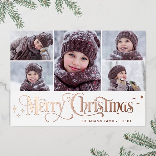 5 PHOTO Sparkle Christmas Greeting Rose Gold Foil Holiday Card