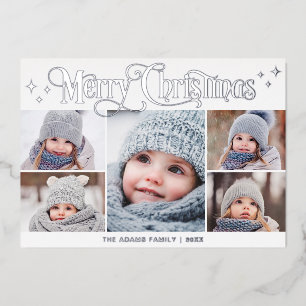 5 PHOTO Sparkle Christmas Greeting Silver Foil Holiday Card