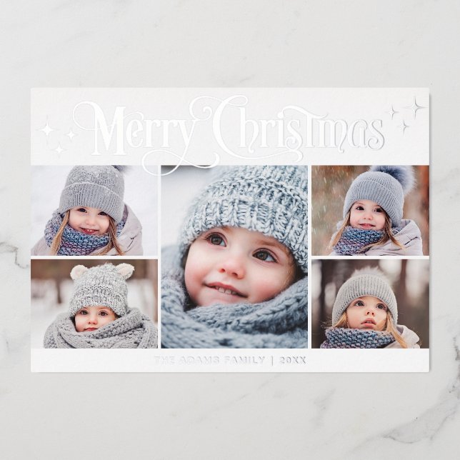 5 PHOTO Sparkle Christmas Greeting Silver Foil Holiday Card (Front)